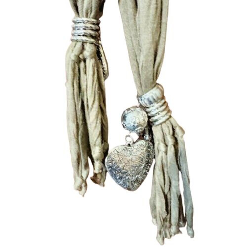 Brown Scarf Belt with Fringe and Silver Beads & Heart Polyester & Silk Unbranded